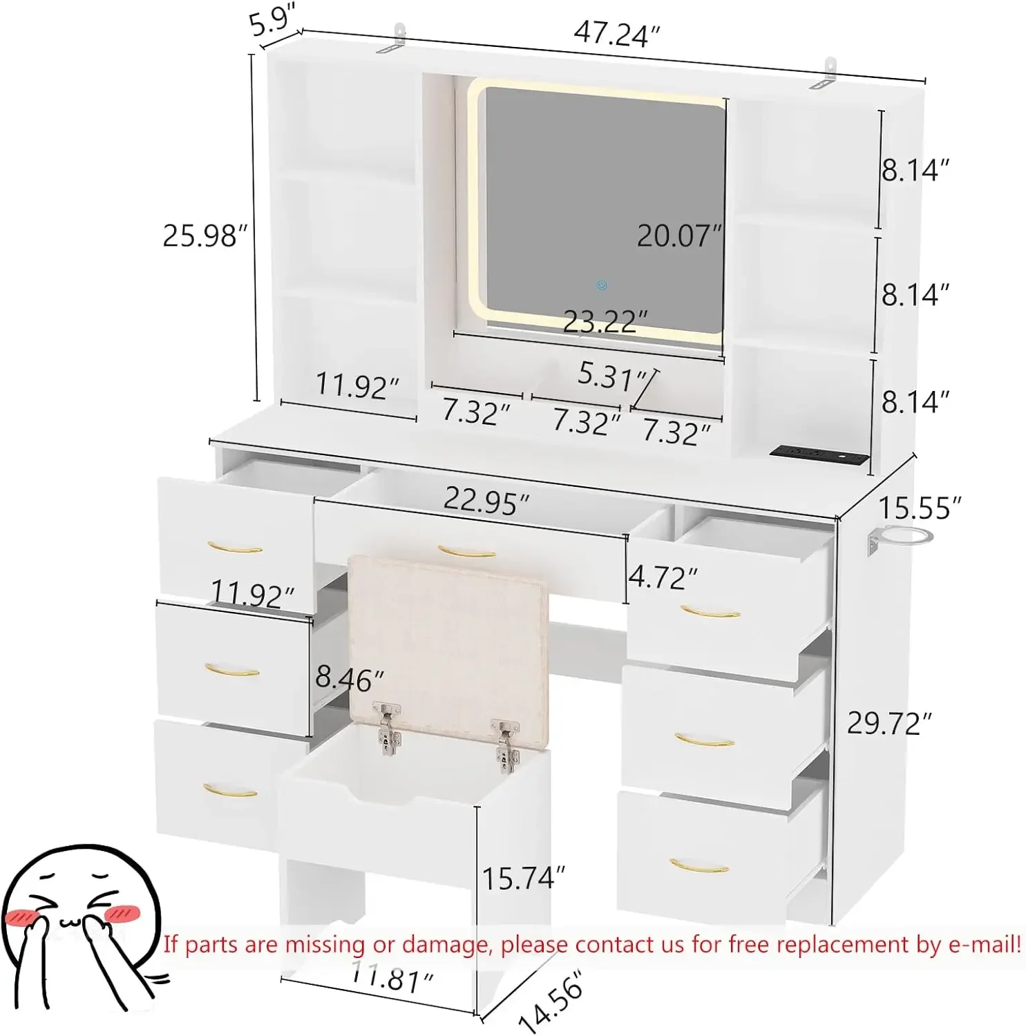 LED White Vanity Set with Stool and Power Outlet, Lighted Make up Vanity Desk with Drawers and 3 Lighting Modes for Women