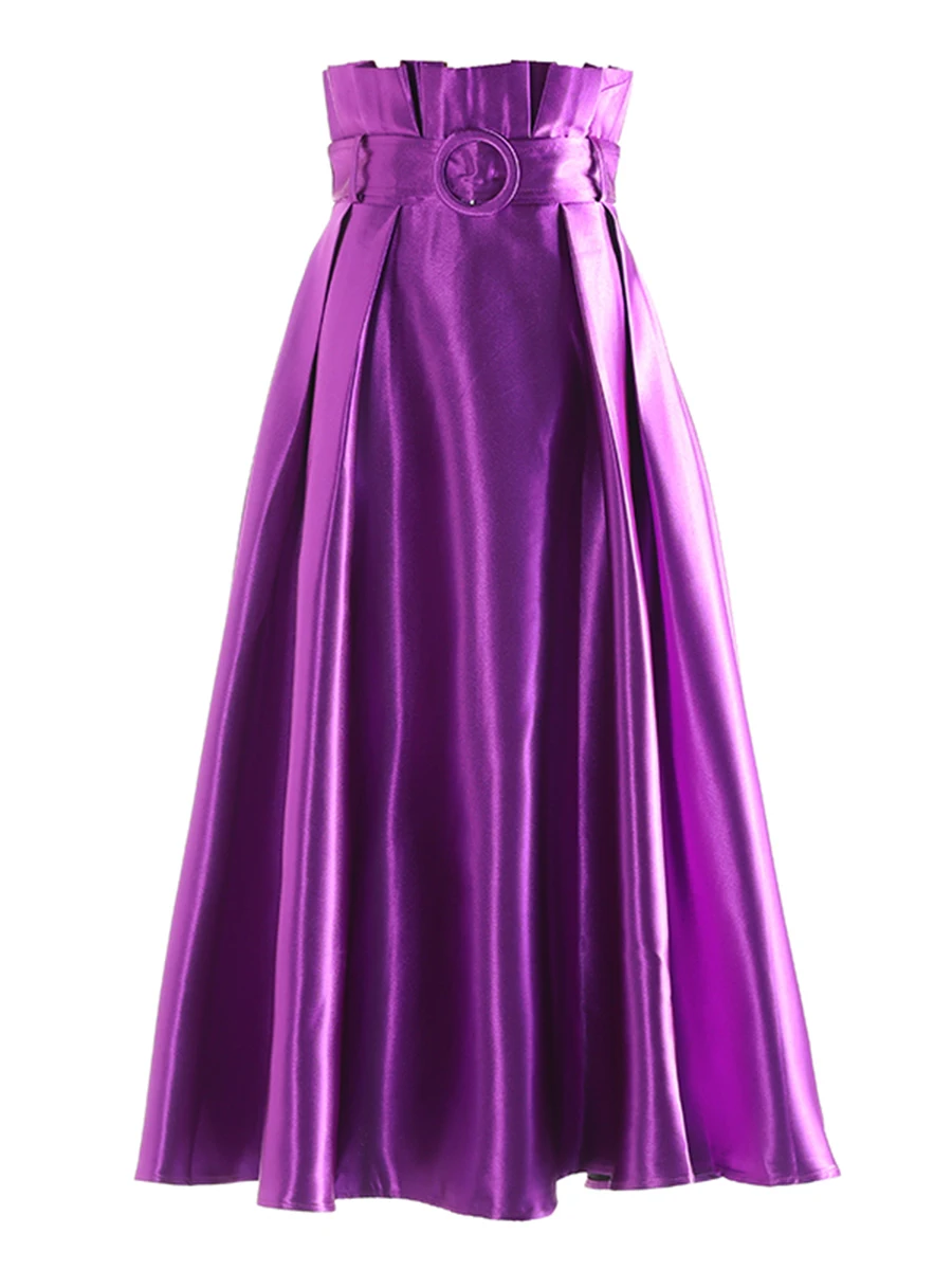 CHICEVER Chic Evening Patchwork Sashes Skirt for Women High Waist Pleated Luxury Designer Satin Skirts Female Spring Clothes New