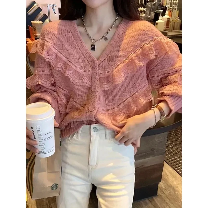 Fashion Gentle Wind Pink White Sweater Design Sense Lace Long Sleeve Knitted Cardigan Temperament Sweet V-neck Cardigan Sweater