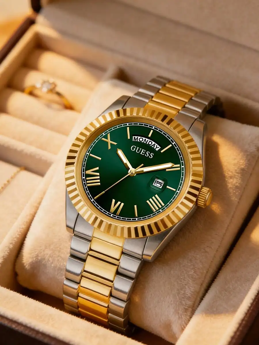

Часы GUESS для мужчин: роскошные, золотые, из нержавеющей стали, с зеленым циферблатом, отображением дня недели и даты, водонепроницаемые, кварцевые, деловые наручные часы для вечеринок