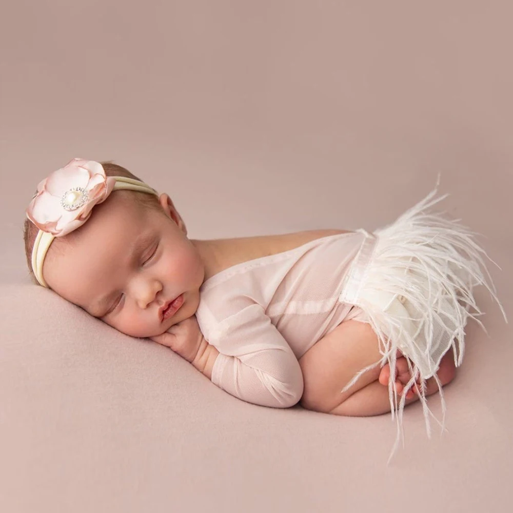 

New Born Photography Clothes Infant Clothing 0-3 Months Ostrich Hair Dress Pink Thin Long Sleeve and Headdress 2022