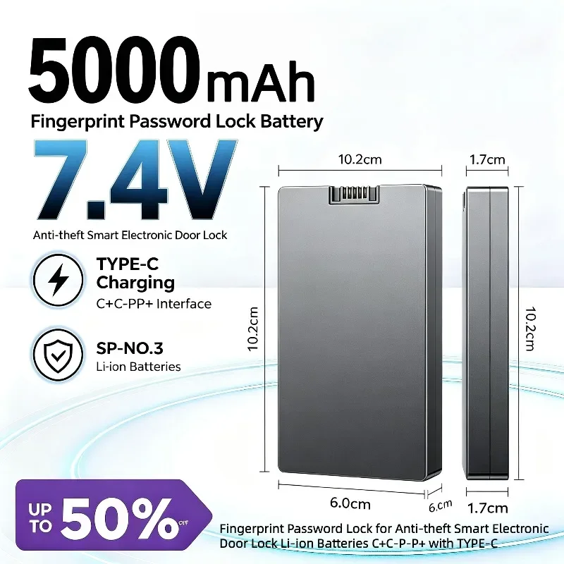 New Fingerprint Password Lock SP-NO.3 5000mAh 7.4V Anti‑theft Smart Electronic Door Lock Li‑ion Batteries C+C-P-P+ TYPE-C
