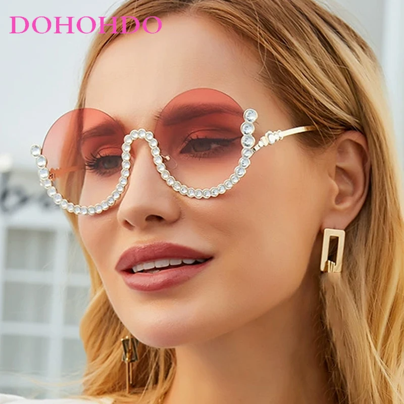 

Luxury Brand Metal Round Sunglasses Women Vintage Fashion Sun Glasses For Men Half Frame Diamond Punk Party Travel Shades UV400