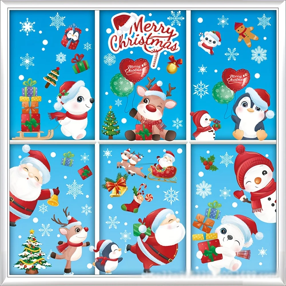 9pcs/1set Electrostatic window stickers, Christmas dwarves, elk, snowflakes, holiday decoration stickers 20*30cm*9pcs Stickers
