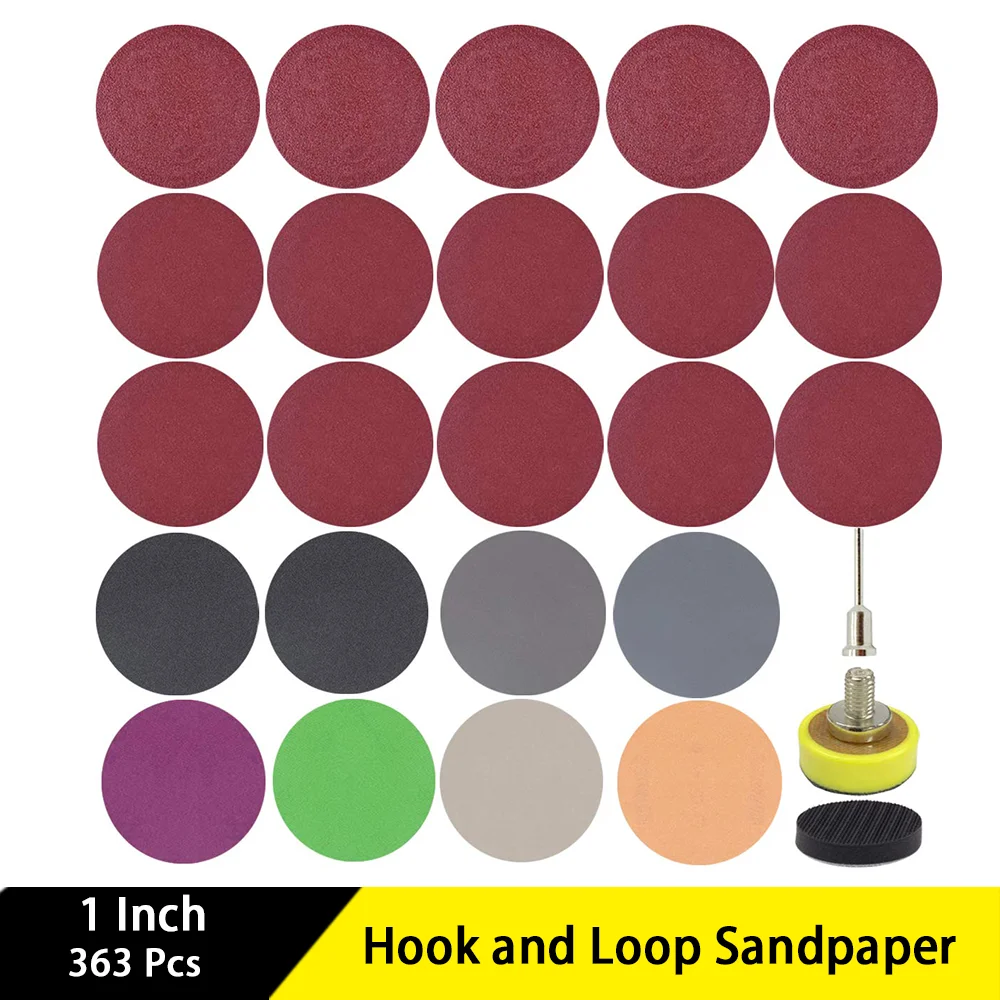 

1 Inch Hook and Loop Sandpaper 363 Pcs with Backing Pad and Soft Foam Buffering Pad Wet Dry Sander Sheets for Polishing