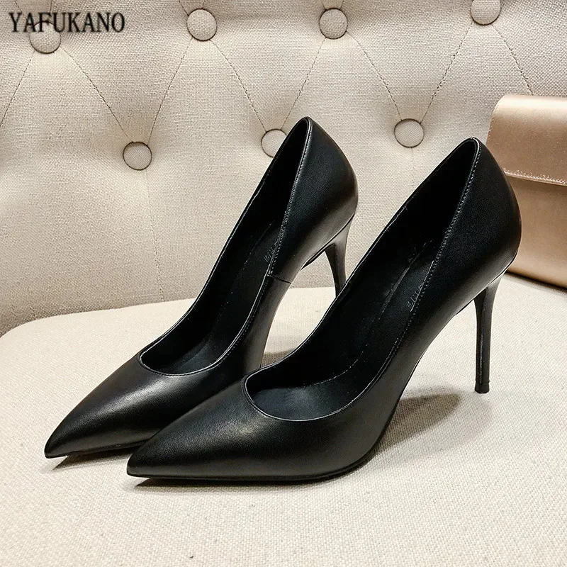 10CM Matte Genuine Leather High Heels Sexy Women Pumps Pointed Toe Thin Heels Wedding Party Shoes Nude Wine Red Plus Size 33-42