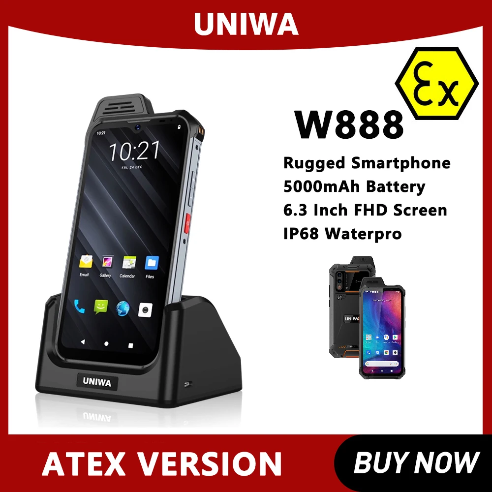 UNIWA W888 IP68 Rugged Andriod 11 Smartphone Octa Core 4GB+64GB 6.3Inch HD/FHD Screen 4G Mobile Phone 5000mAh NFC ATEX Explosion