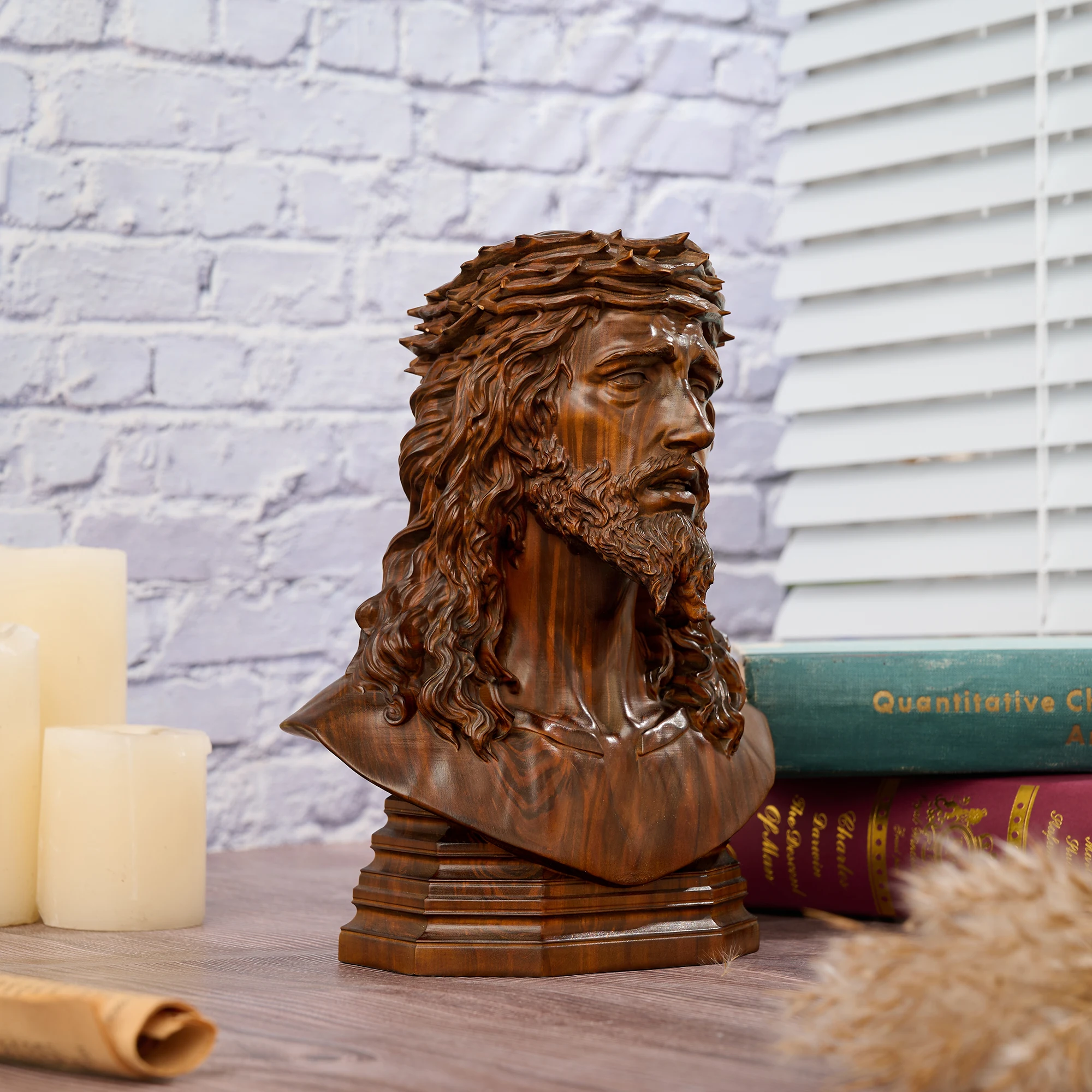 Wood Carved Jesus Christ Bust Statue Crown of Thorns Religious Sculpture Retro Wooden Head Figurine Catholic Home Altar Tabletop