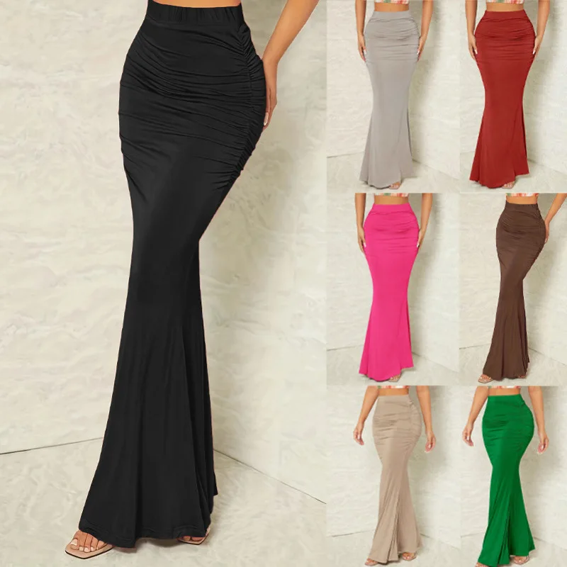 

2025 New Autumn Solid Bodycon Ruched Long Skirt Women Sexy Elastic Elegant High Waist Mermaid Maxi Skirts Streetwear