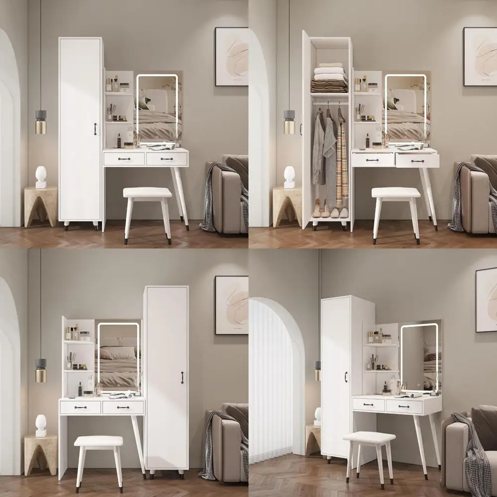 طاولة مكياج مضاءة مع محطة شحن ومكتب أبيض وخزانة ملابس صغيرة ودرجين