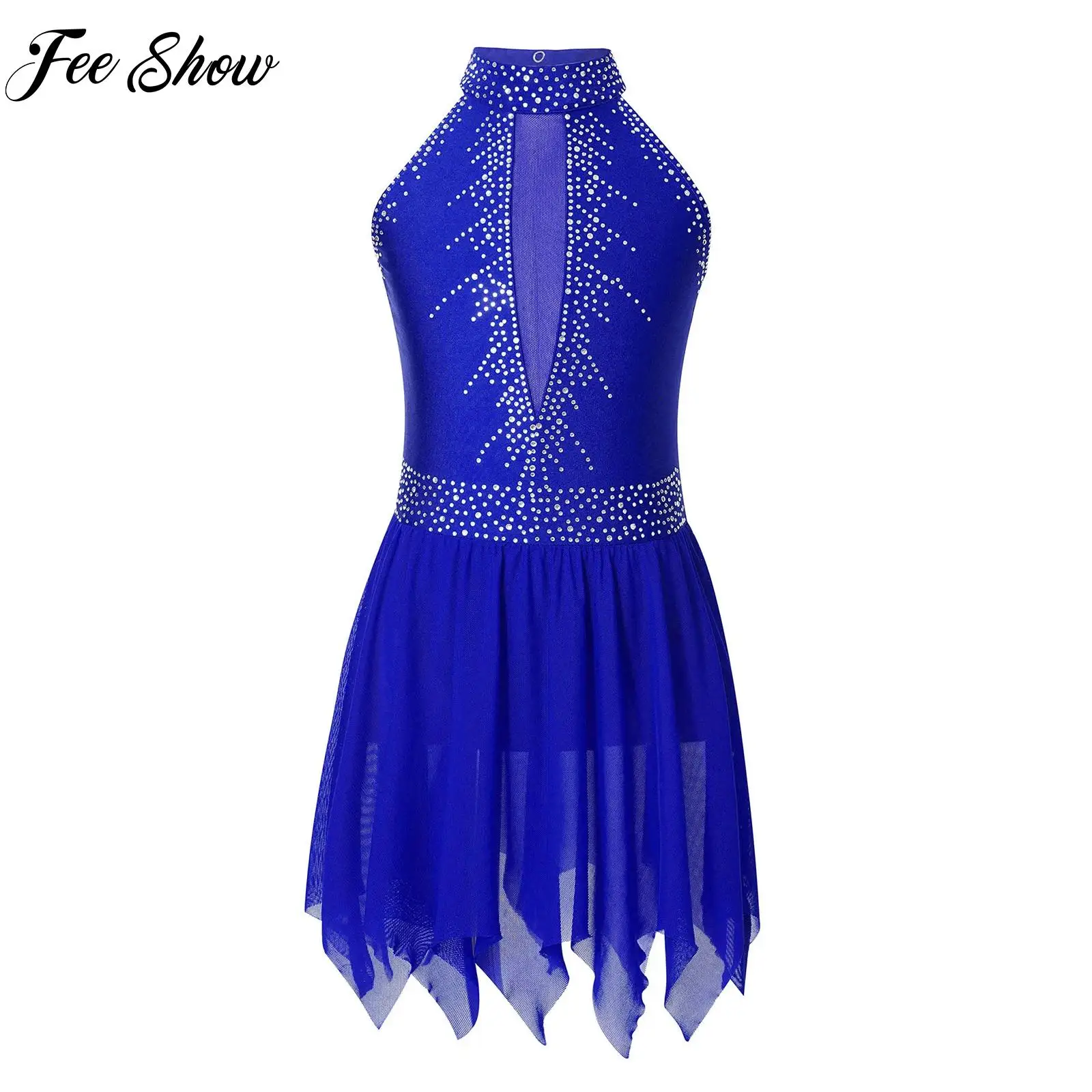 New Girls Figure Skating Dress Lyrical Modern Dance Ballet Gymnastic Performance Costume Sheer Mesh Skirt Shiny Rhinestone Dress