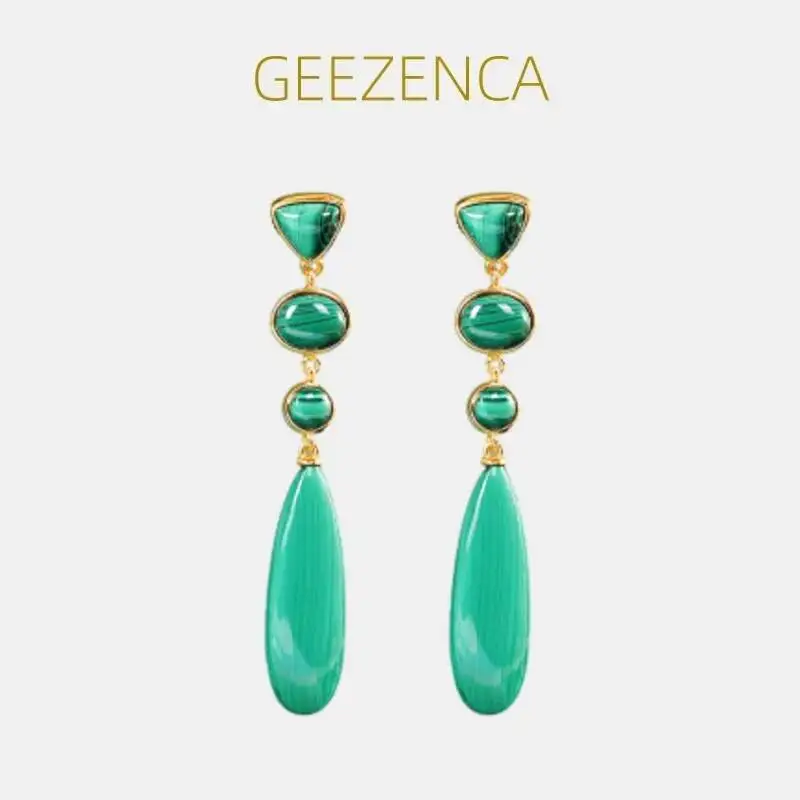

GEEZENCA Natural Malachite 925 Sterling Silver 18K Gold Long Dangle Earrings For Women Irregular Geometric Earring 2024 New Gift