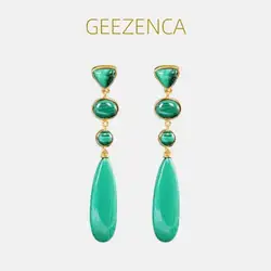 GEEZENCA Natural Malachite 925 Sterling Silver 18K Gold Long Dangle Earrings For Women Irregular Geometric Earring 2024 New Gift