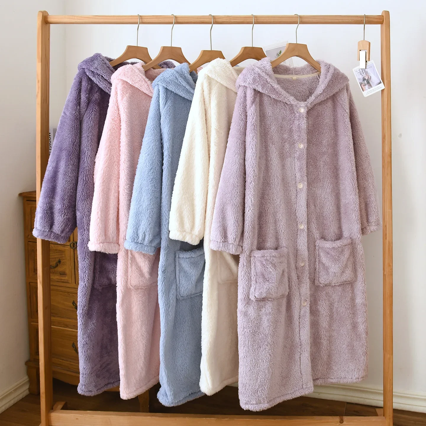 Bata de Franela con Capucha de Color Liso para Mujer, Cálida para Otoño e Invierno, de Longitud Media, Ropa de Casa, Ropa de Dormir Cómoda de Poliéster