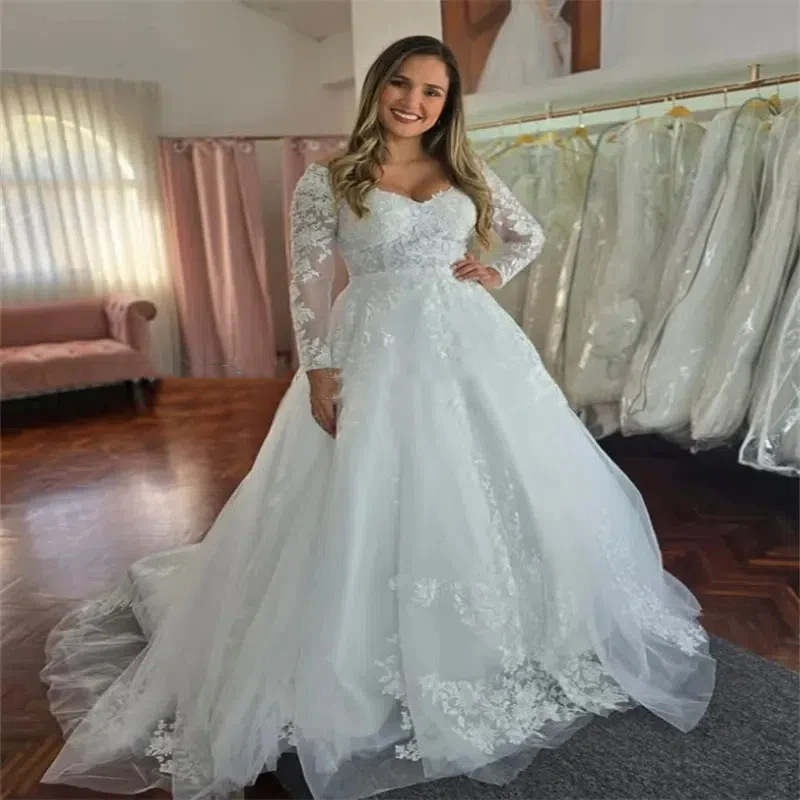 

Customized Elegant A-Line Wedding Dress V-neck Long Sleeve Bohemian Bridal Dress Applique tulle Beach Bridal Dress 2025 New