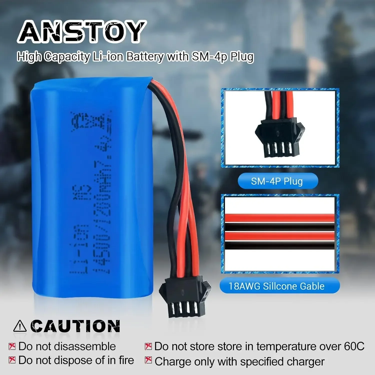 7.4V 1200mAh Rechargeable Li-ion Battery SM-4P Forward plug with Charger for Gel Blaster Accessories Remote Control Boat Car