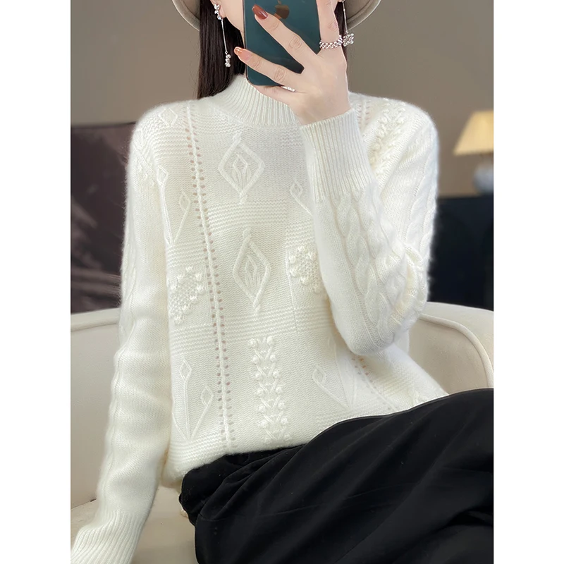 Women\'s Knitted Half High Collar Pullover, Knitted Sweater, Fashionable Hollow Out, 100% Australian Wool Top, New, Autumn and Wi