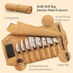 XINZUO Portable Knife Roll Bag Thickened Canvas 8 Knife Slots+1 Scissor Slots +1 Zipper pouch Cooking Tool(just a bag, no knife)