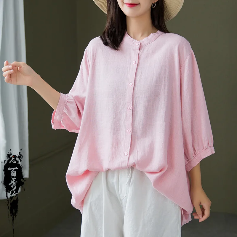 เสื้อเชิ้ตผู้หญิง Nian Bai Xiu Fang: ลายไม้ไผ่ 12 ชิ้น, ผ่านการซักด้วยทราย, คอตั้งนุ่มสบาย สไตล์ลำลอง