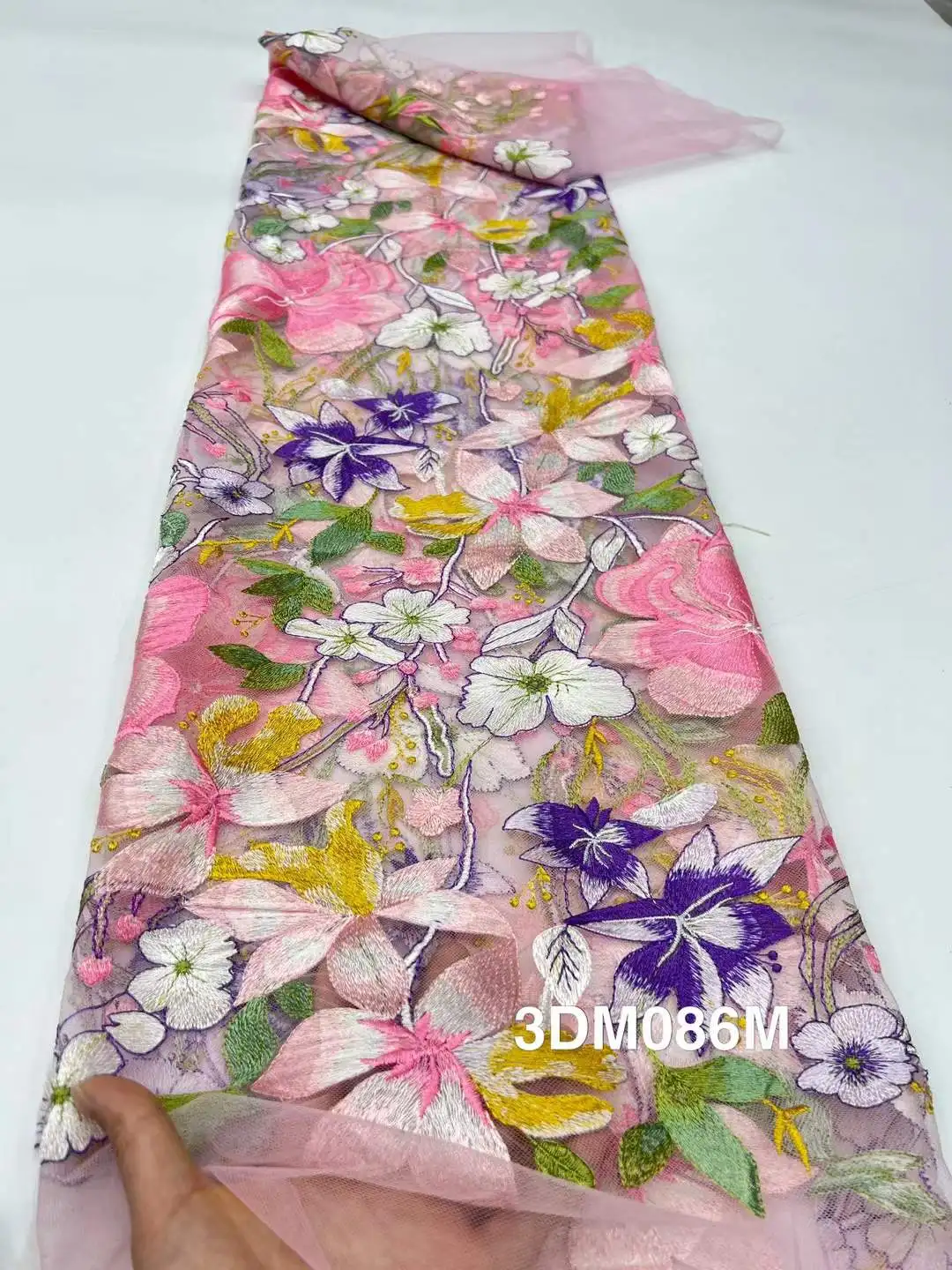 3D زهرة الدانتيل النسيج التطريز صافي زهرة كبيرة الأفريقي النيجيري الترتر تول صافي لفستان الزفاف مساء