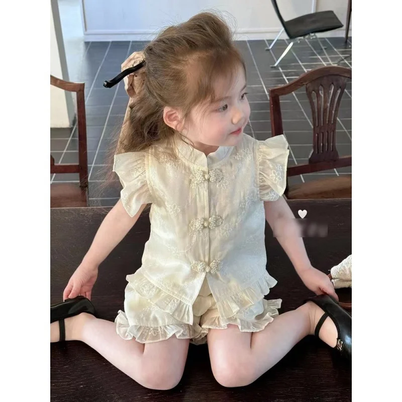 

Girls' Suit Summer Heavy Industry National Style Pearl Buckle Flounced Sleeve Suit Embroidered Shorts Vest Two-Piece Set55088WS