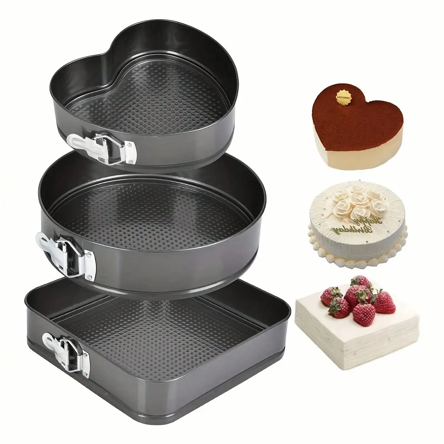 

7/8/9In Springform Pan Set: 3Pcs Nonstick Carbon Steel (Heart/Round/Square)