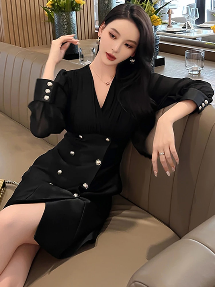 春秋のエレガントな女性のイブニングドレス高品質サテン気質フォーマルシックな V ネックスリムミニパーティープロム Mujer Vestidos