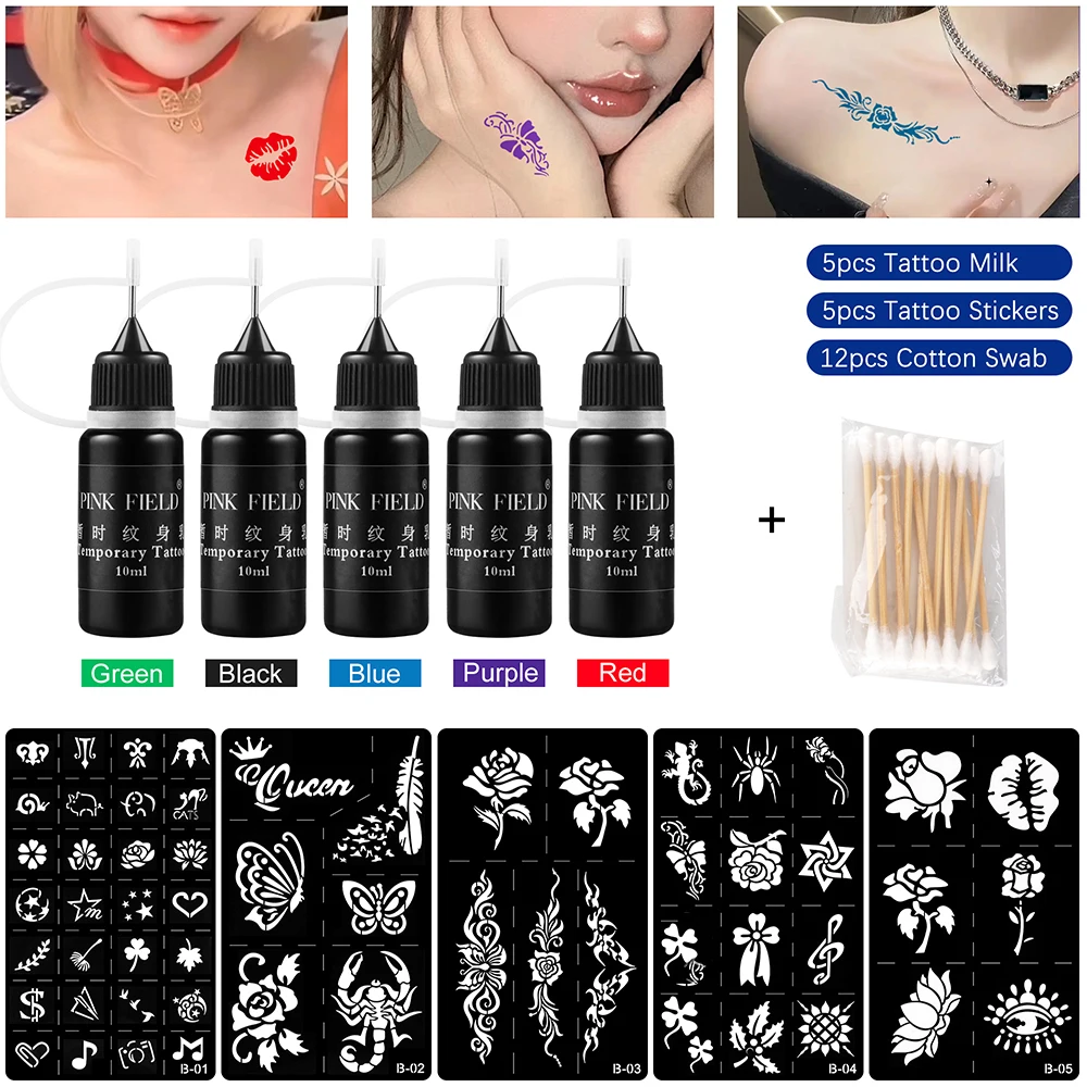 

5 Bottles (10ml) Color Tattoo Juice And 5 Sets Stencils Temporary Tattoo Kit DIY Fake Body Paint for Women Men