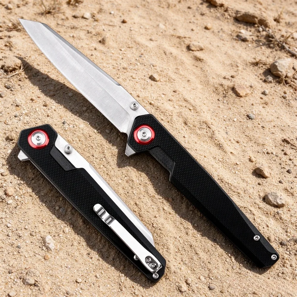 Folding Knife, G10 Handle, Red Decorative Screw, 440B Steel Blade, EDC Carry Pocket Clip for Camping Hiking Daily Use