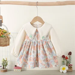 Baby Girl Autumn Long Sleeved Flower Daily Knee Length Dress With Lace Large Collar Stitching For Casual Wear