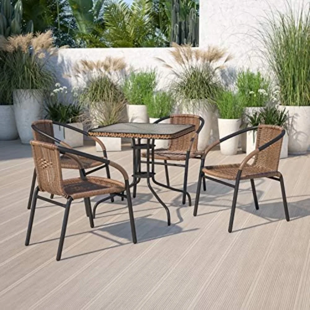 Set of 4 Modern PE Rattan Stack Chairs, Indoor/Outdoor Patio Dining Chairs, No Assembly Required, Brown