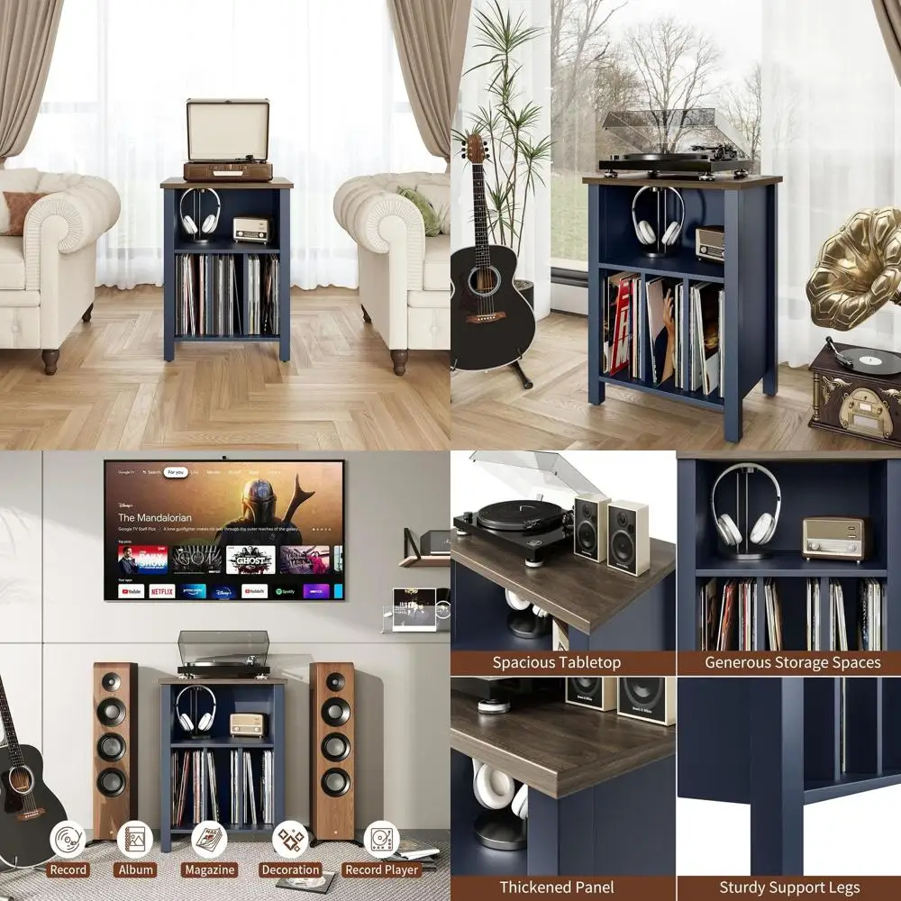 

Синий виниловый столик для хранения пластинок с полкой для 130 альбомов, деревянная подставка для проигрывателя, прикроватный столик для гостиной