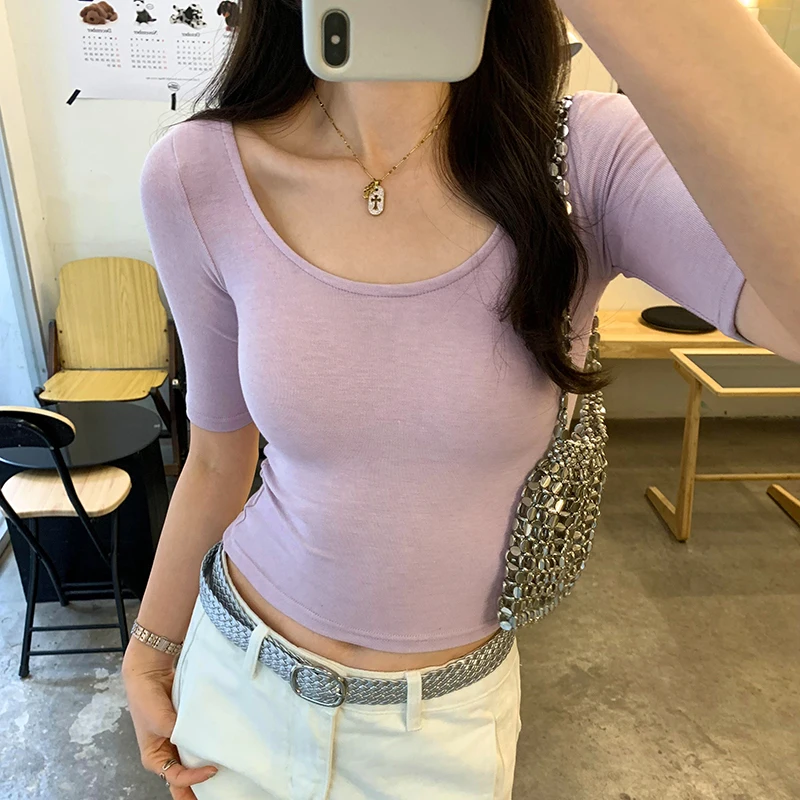 European Style Low-Neck Simple Shoulder Short Sleeve T-Shirt Women Summer 2026 Unique Super Good-Looking Single Wear Inner Match