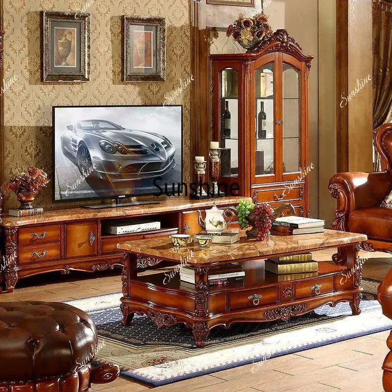 

European coffee table solid wood, classical luxury, guest carving, square height homeP