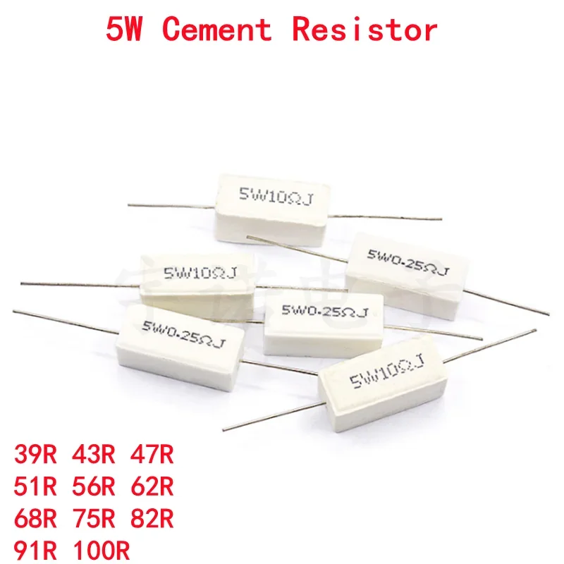 

10piece 5W 5% Cement Resistor Power Resistance New 39R 43R 47R 51R 56R 62R 68R 75R 82R 91R 100R Ohms Accurate High-quality DIP