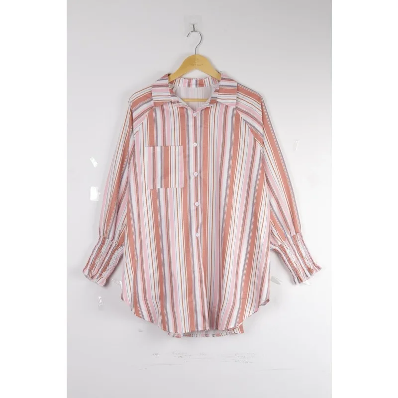 حجم كبير 1XL-5XL المرأة موضة ريترو مخطط فضفاض صالح بلوزة قميص السيدات قوس قزح نغمتين طوق طويل التخسيس #4