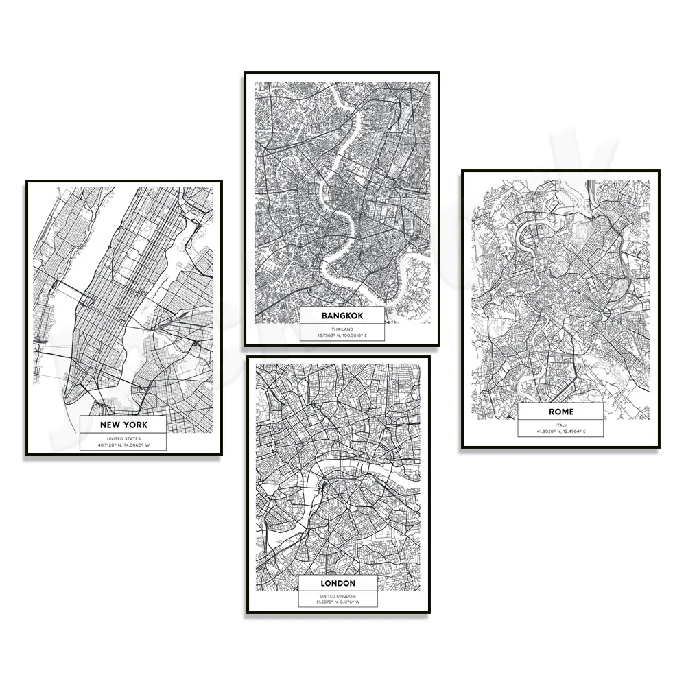 

United Kingdom, London streets, Rome Italy, Europe, New York, USA, Bangkok, Thailand, Asia black and white map art travel poster