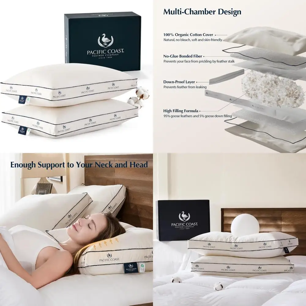 

Pacific Coast Queen Size Goose Feather and Down Pillow Set, 2 Pack, Enhanced Gusset Design for Comfortable Sleep, Ideal for Side