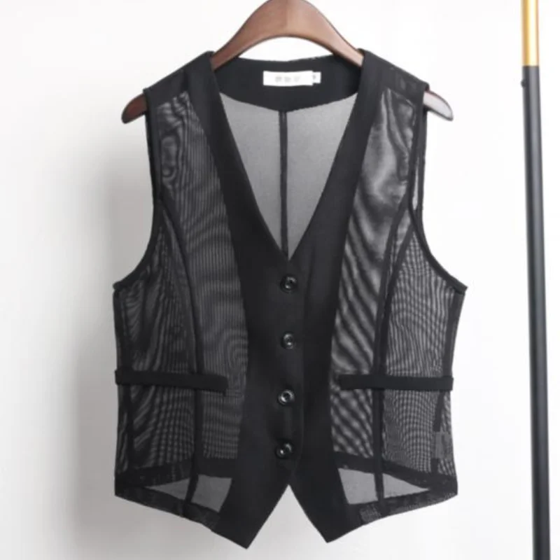 Women's Black Vests, Summer Short Jacket, Hollowed Out Suit Vest, Outside The Cardigan, Women's Clothing, Simple, Thin