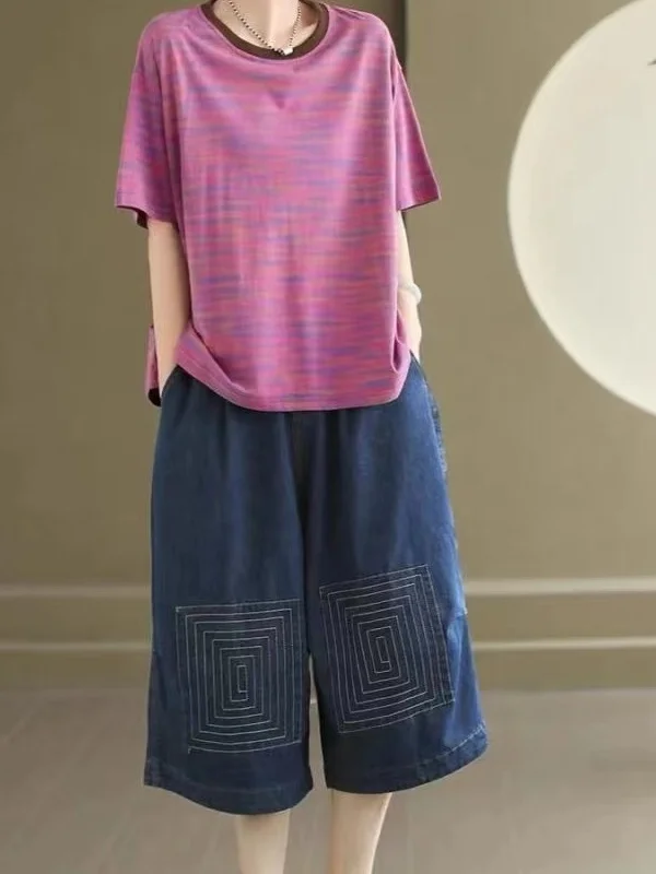 الرجعية مخطط القطن ort Sve تي شيرت المرأة عادية فضفاض صالح التخسيس الفني الأعلى الكورية Sle جولة Ne المحملة #4