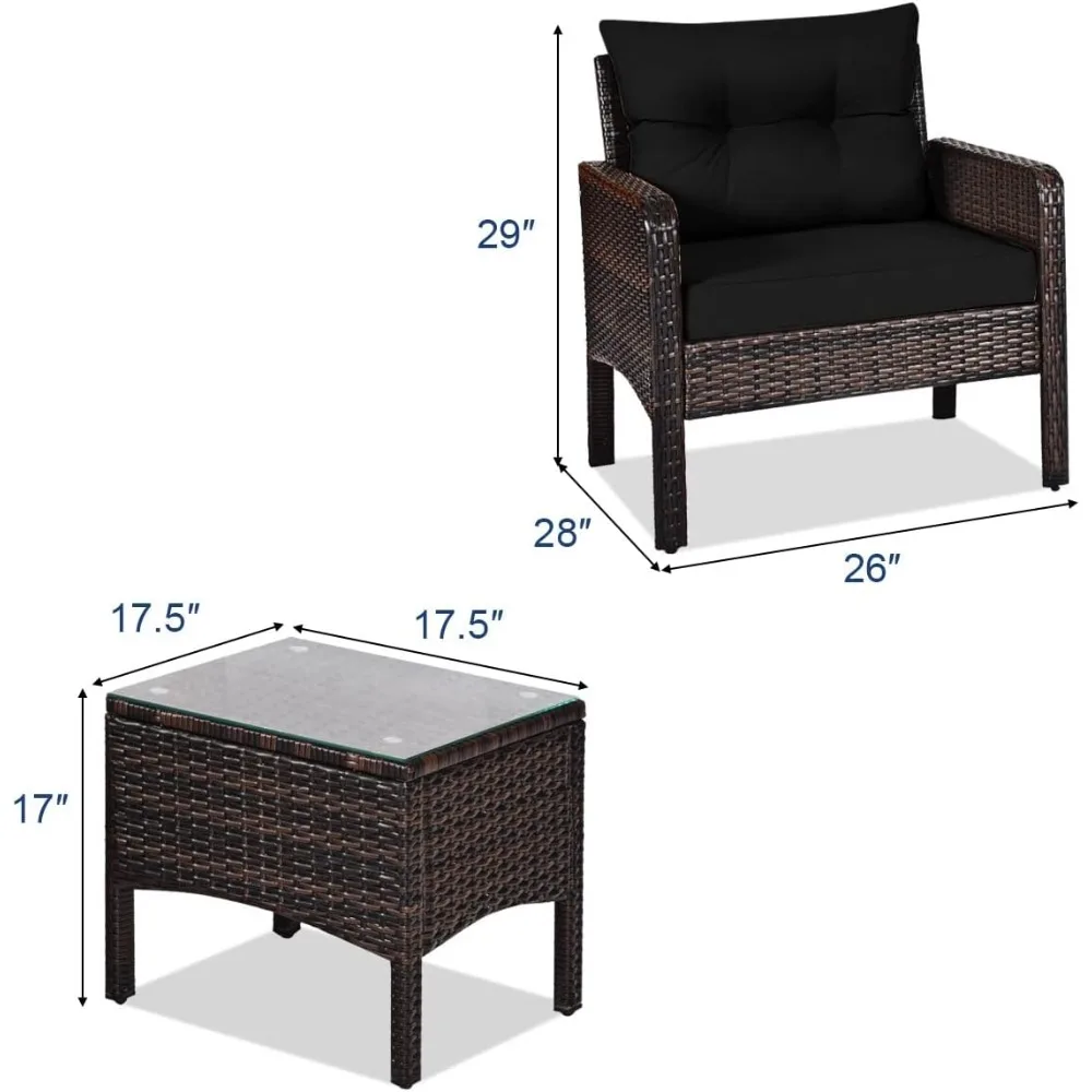 Outdoor rieten bankstel met kussens en salontafel, all-weather rotan conversatieset voor tuinbalkon