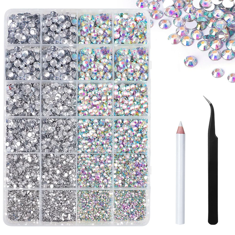 8300 Uds. Diamantes de imitación de gelatina de resina para manualidades, gemas transparentes AB con parte posterior plana, pinzas y bolígrafo punteado para manualidades, ropa, zapatos, uñas
