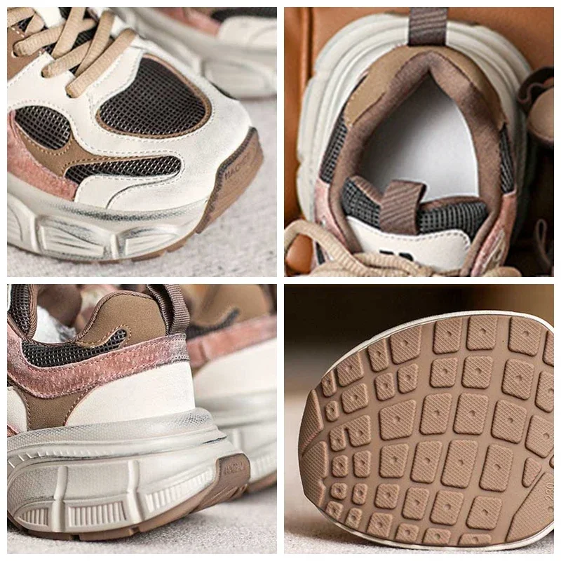 Krasovki 5.5cm  Air Mesh Ankle Chunky Sneaker Autumn Women Comfy Spring Summer Booties Boots Shoes Genuine Leather Mixed Color image 3