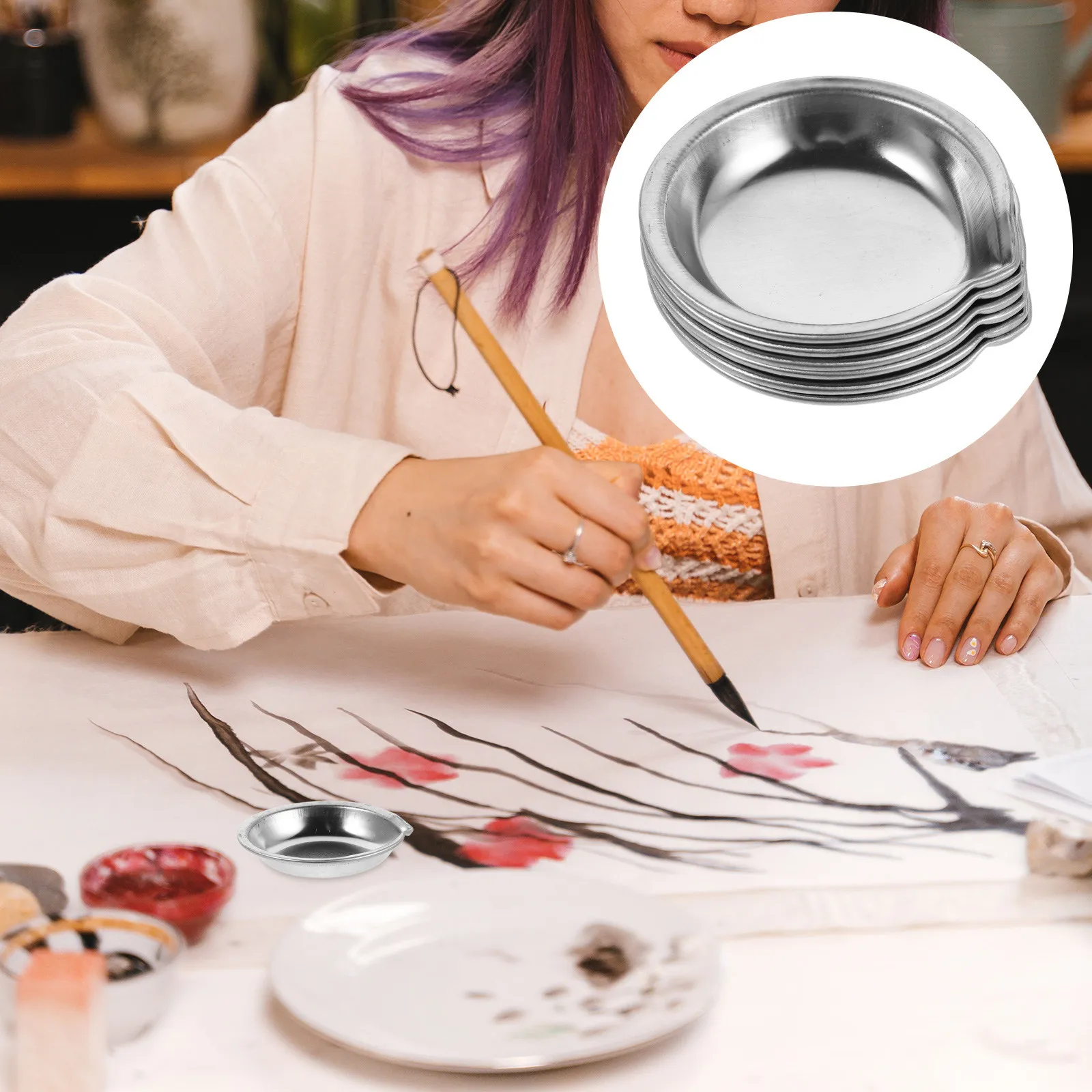 18Pcs Stainless Steel Paint Tray Flat Bottom Metal Palette Cup for Oil Watercolor Makeup Airbrush Pigment Mixing Craft
