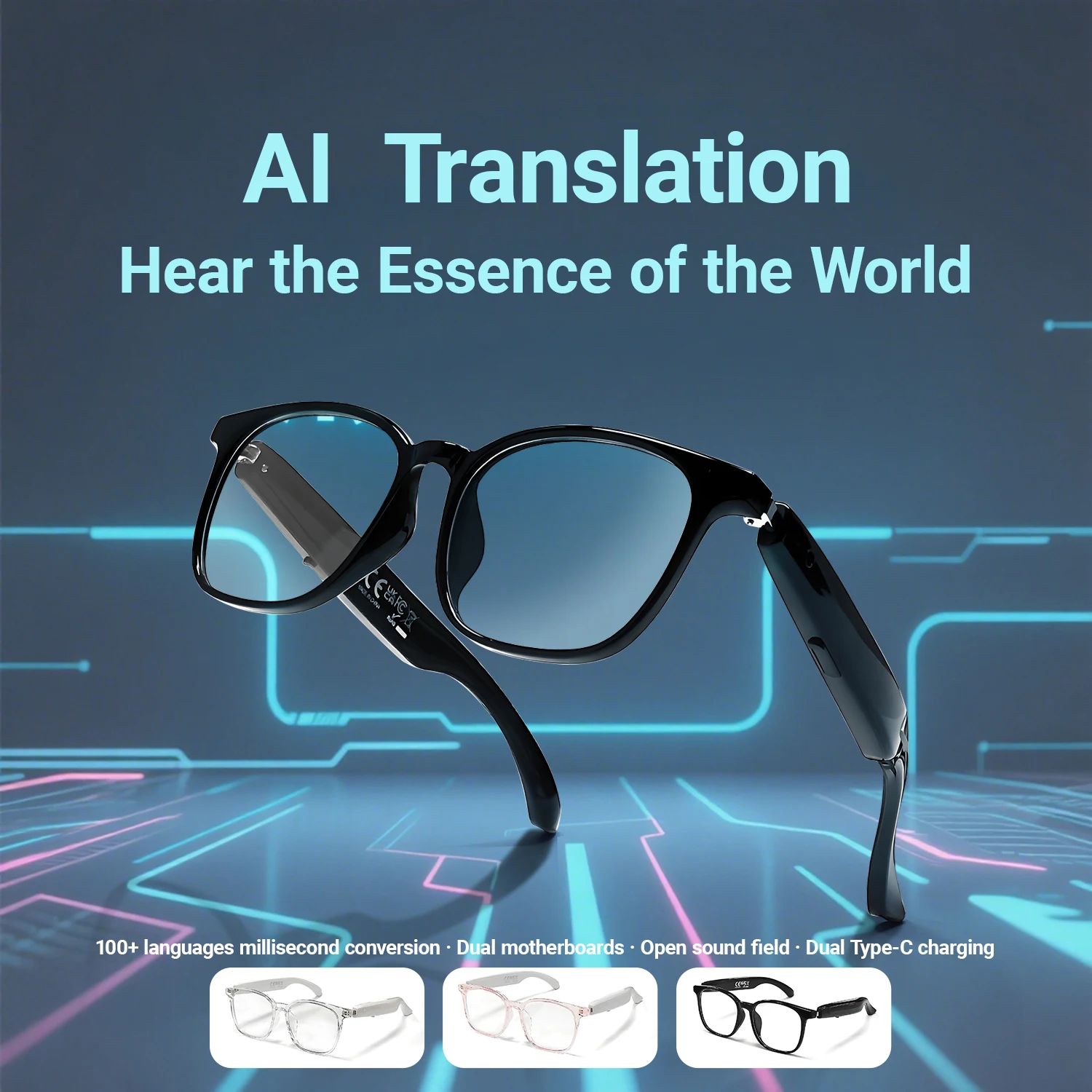 Occhiali da traduzione intelligenti AI 100+ lingue online Auricolari per chiamate Bluetooth Occhiali intelligenti Uomo Donna Occhiali anti-luce blu