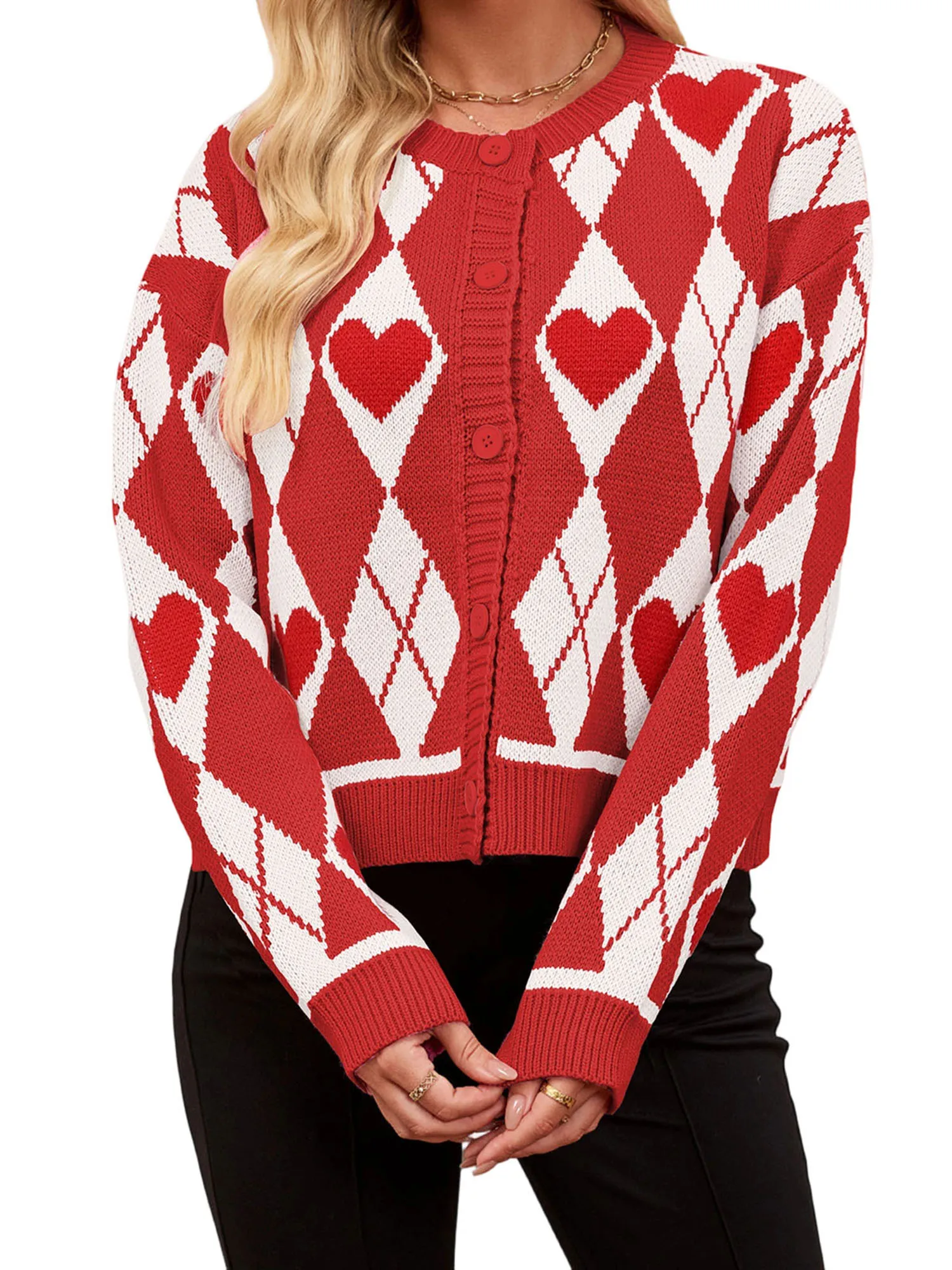 

Women s Valentine s Day Sweater Cardigan Long Sleeve O Neck Button Up Heart Print Knitwear