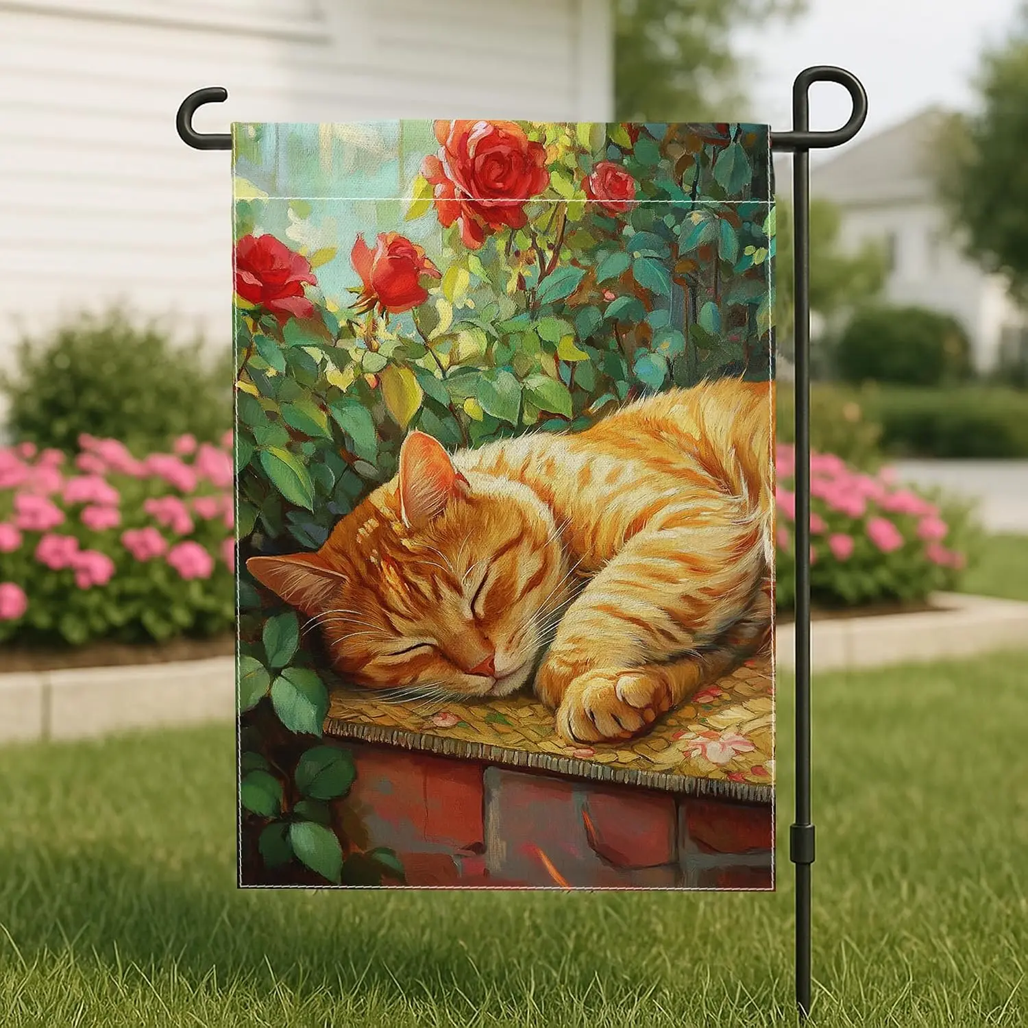 Vibrant Orange Cat Garden Flag, Sleeping Ginger Kitty Floral Outdoor Decor, Seasonal Yard Flag for Summer Home Decoration, o PPZ