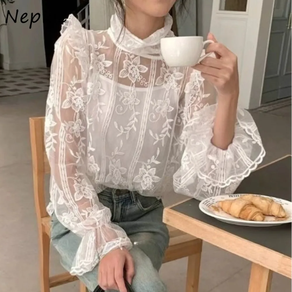 Neploe Lace Elegant Embroidery French Style Shirt Hollow Out 2025 Early Spring Ruffles Flare Mujer Stand Collar Pullover Blusas