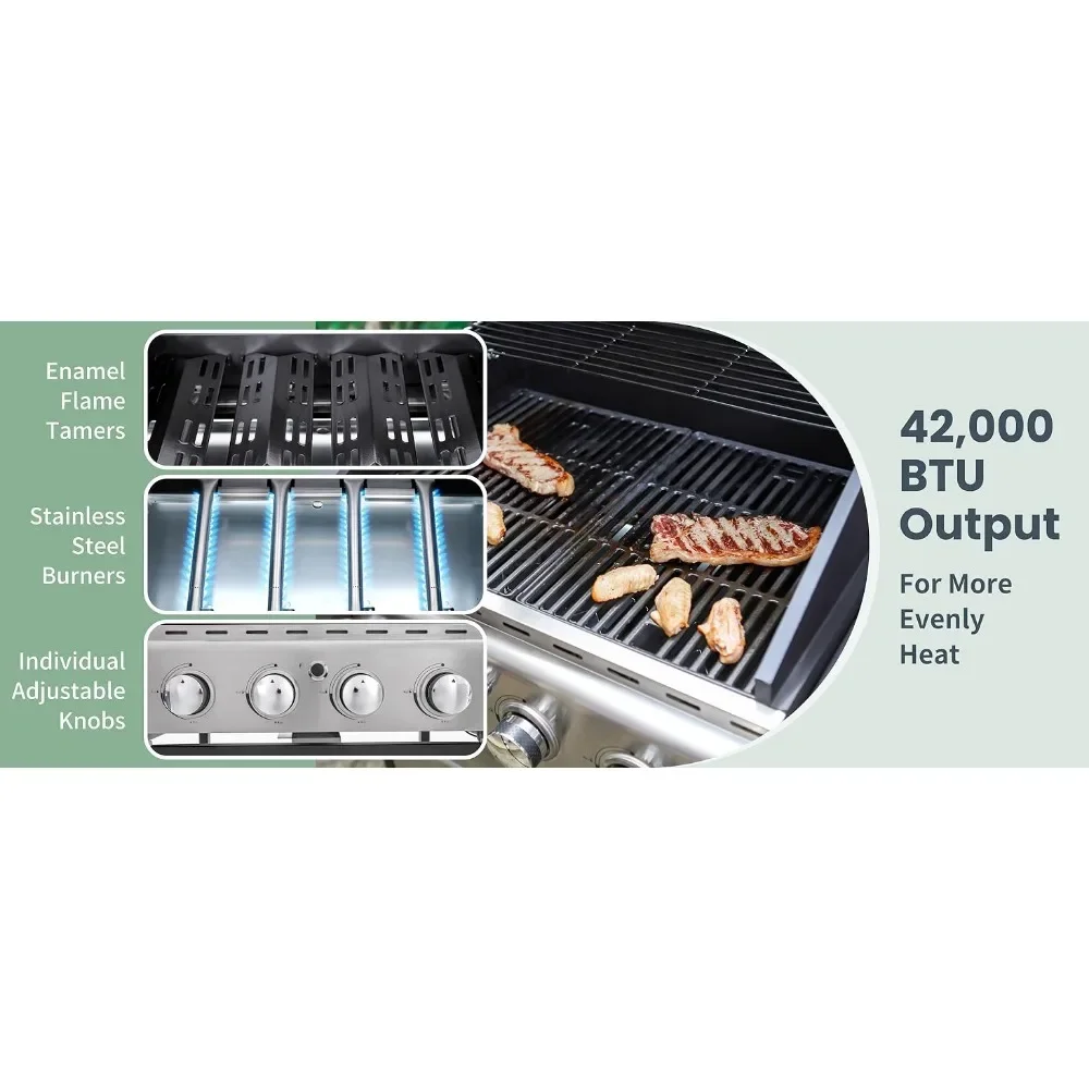 Captiva Designs 4-Burner Propane Gas BBQ Grill with Side Burner & Porcelain-Enameled Cast Iron Grates, 42,000 BTU Output