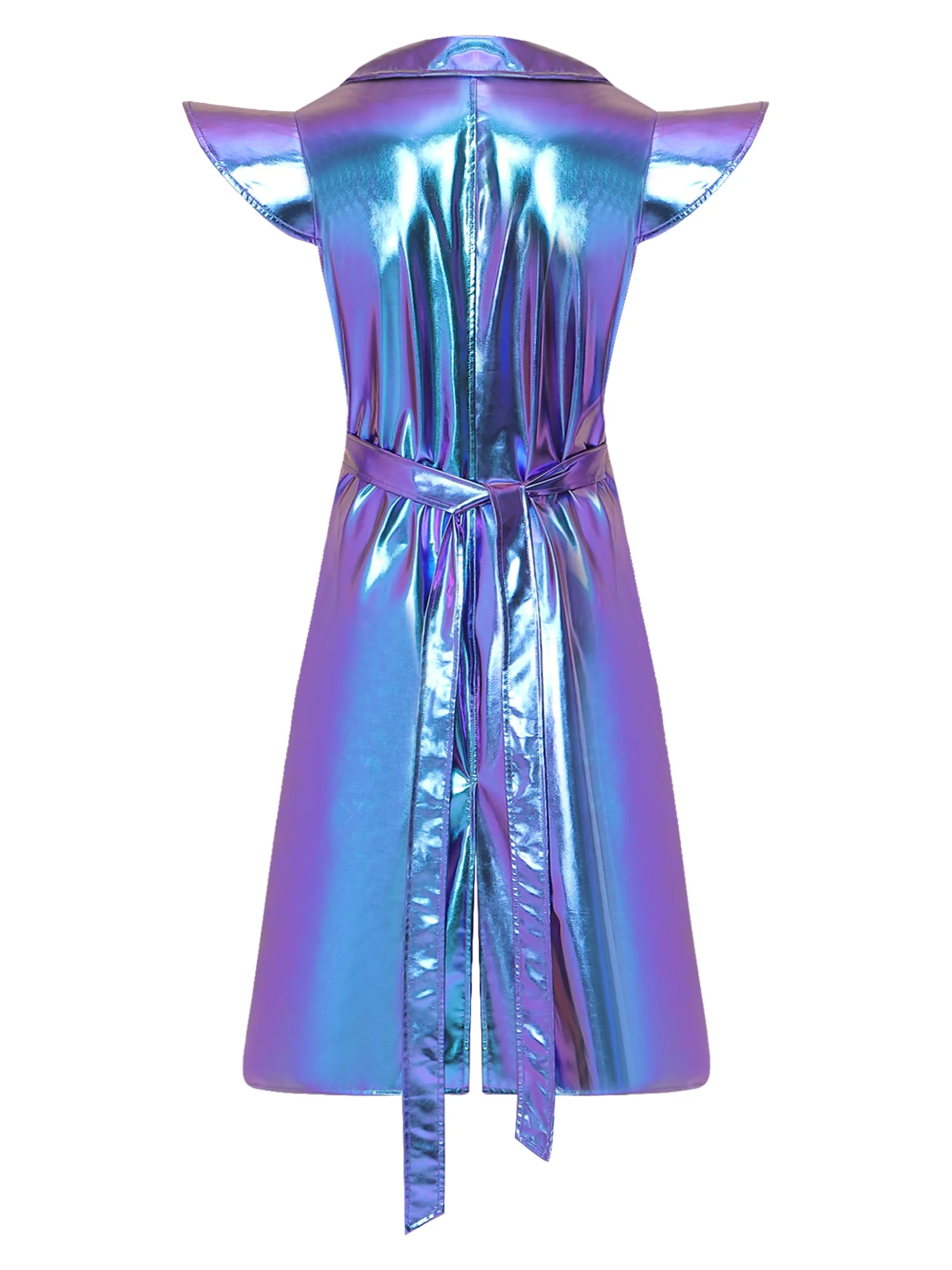Women Sparkly Metallic Sleeveless Notch Lapel Trench Coat Open Front Belted for Rock Jazz Music Festivals Clubwear Rave Stage